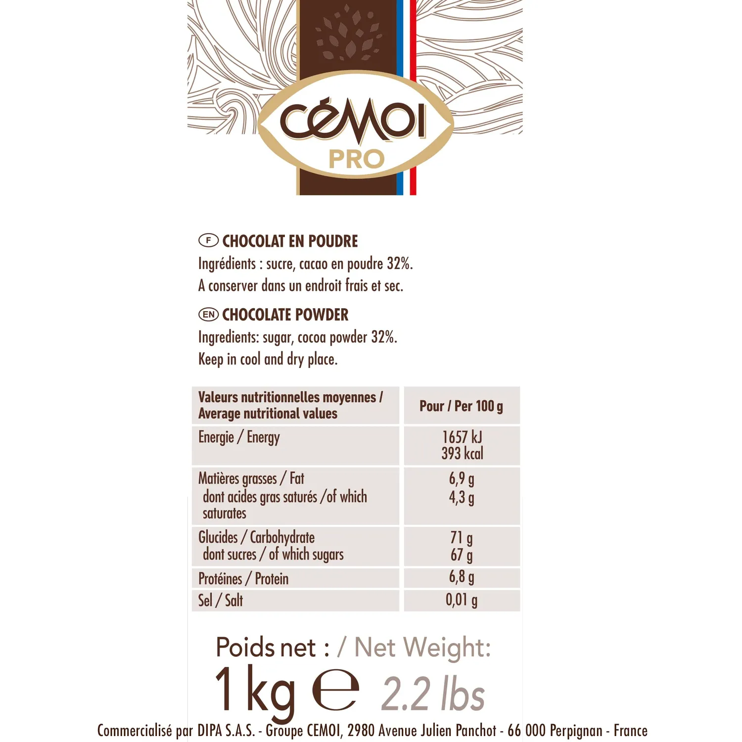 Cémoi sachet chocolat en poudre 32% 1 kg lot de 10 familial
