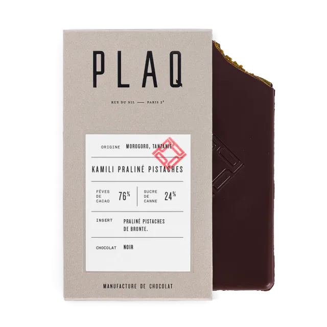 Plaq Kamili praliné pistaches tablette chocolat noir