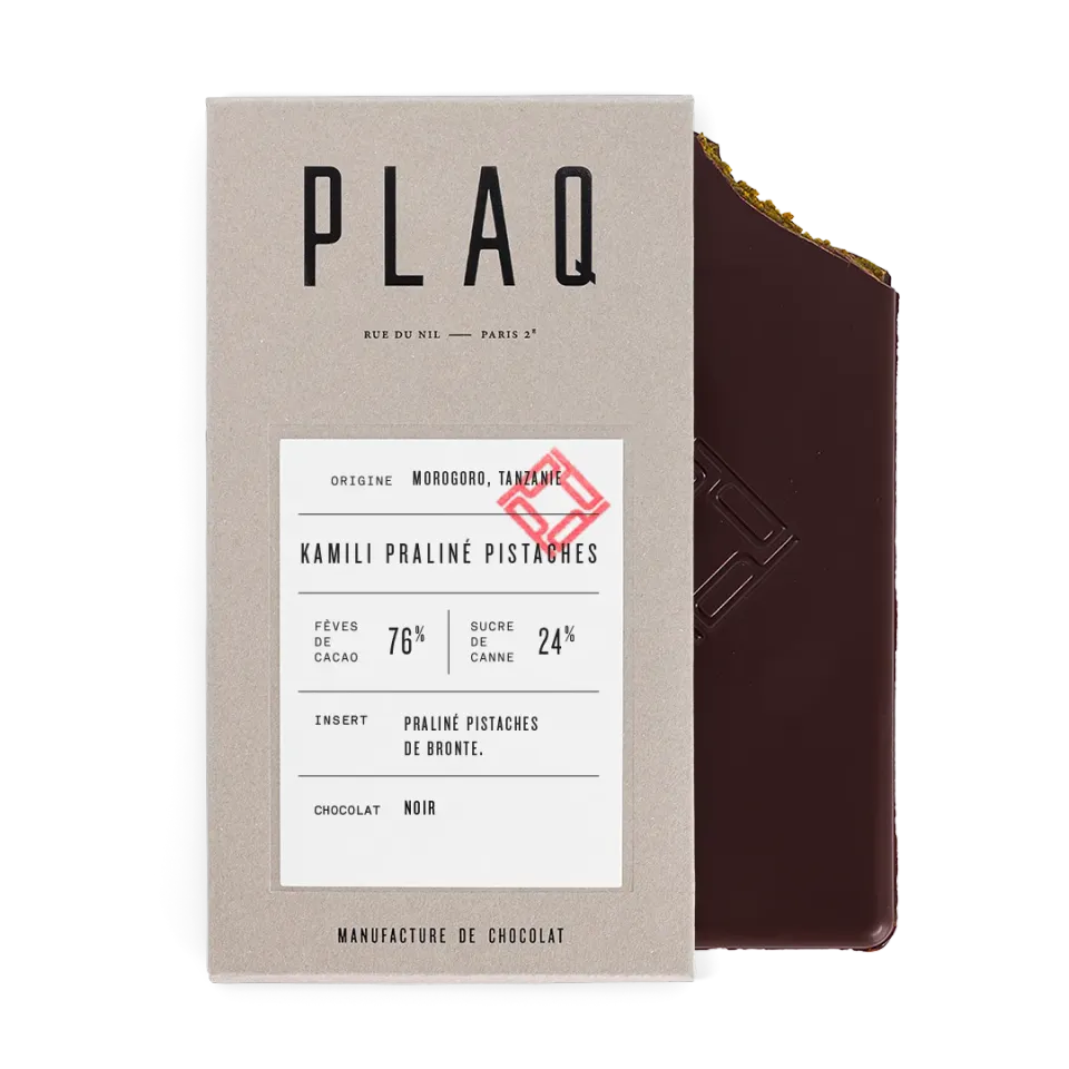 Plaq Kamili praliné pistaches tablette chocolat noir