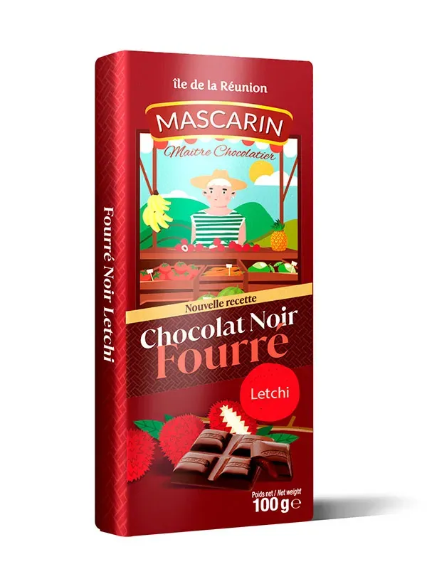 Mascarin Chocolat noir fourré letchi tablette fruitée