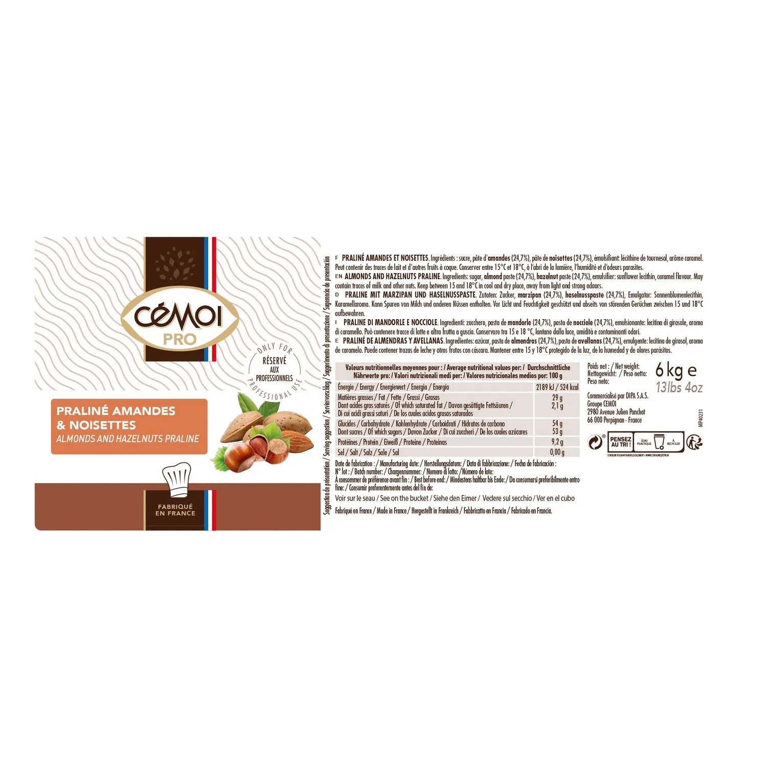 Cémoi Fourrage praliné amandes noisettes pâte 6 kg