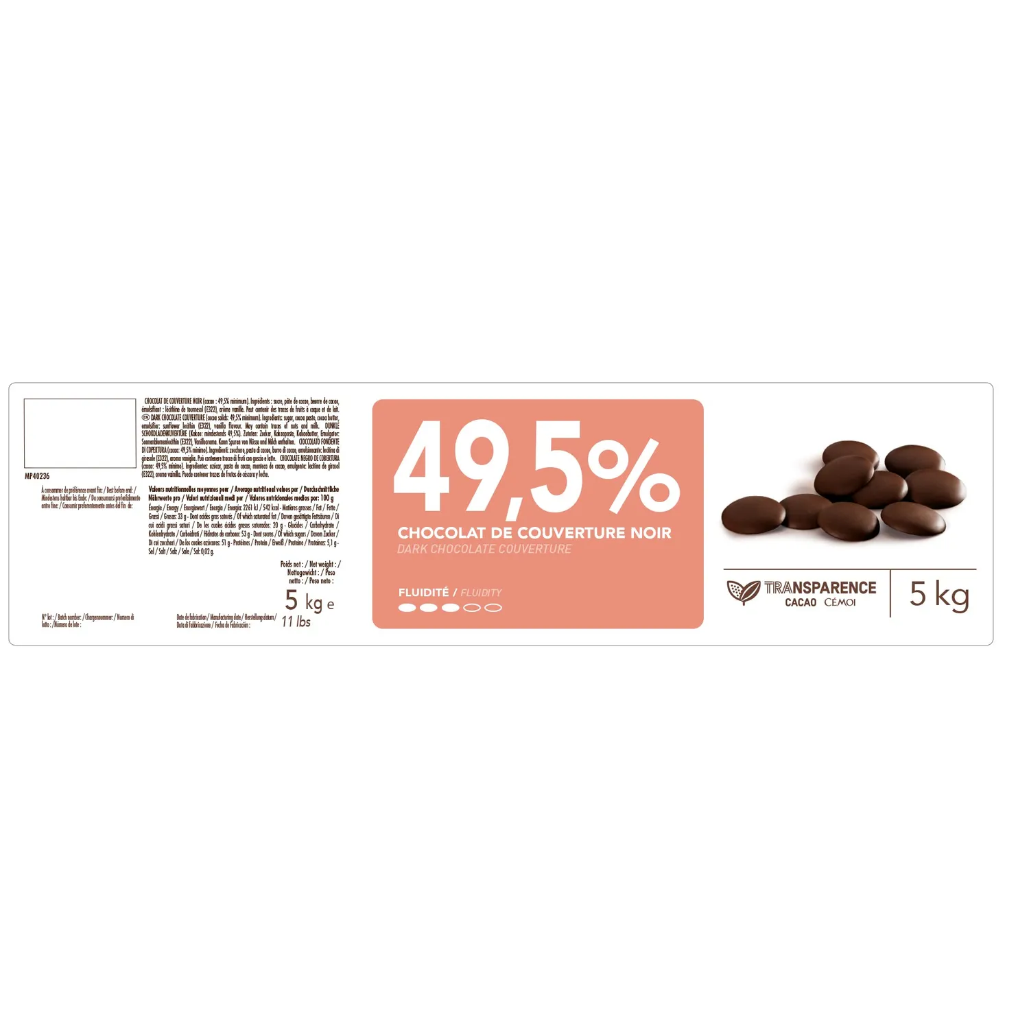 Cémoi Tradition 49,5% palets chocolat noir 5 kg pur beurre cacao