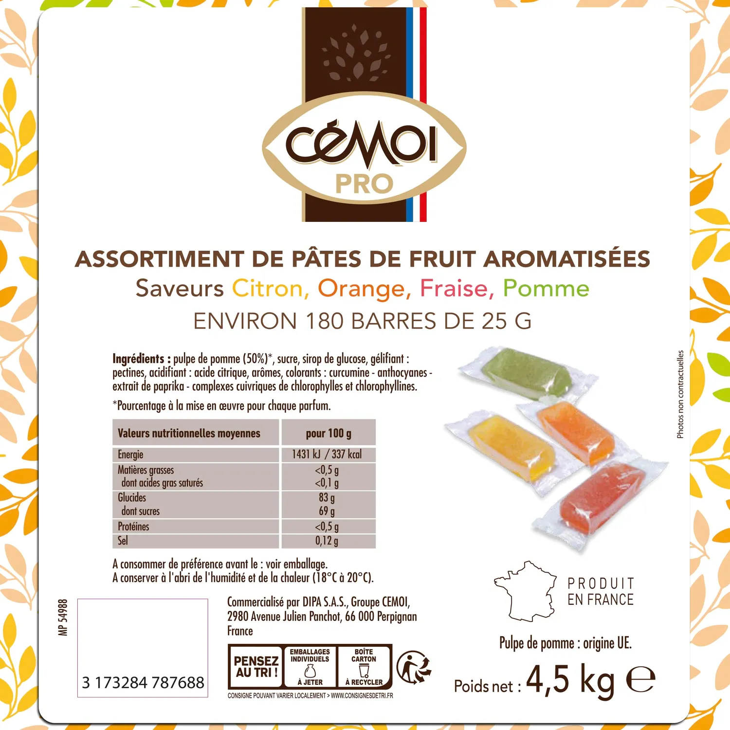 Cémoi Pâtes de Fruits 4 parfums confiserie 4,5 kg distributeur