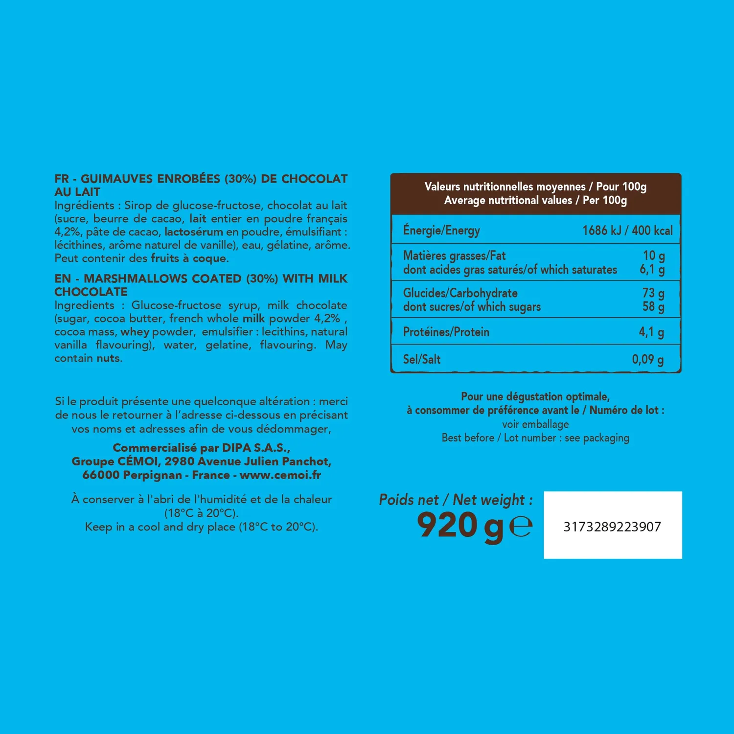 Cémoi Petit Ourson guimauve chocolat au lait 80 pièces 920g