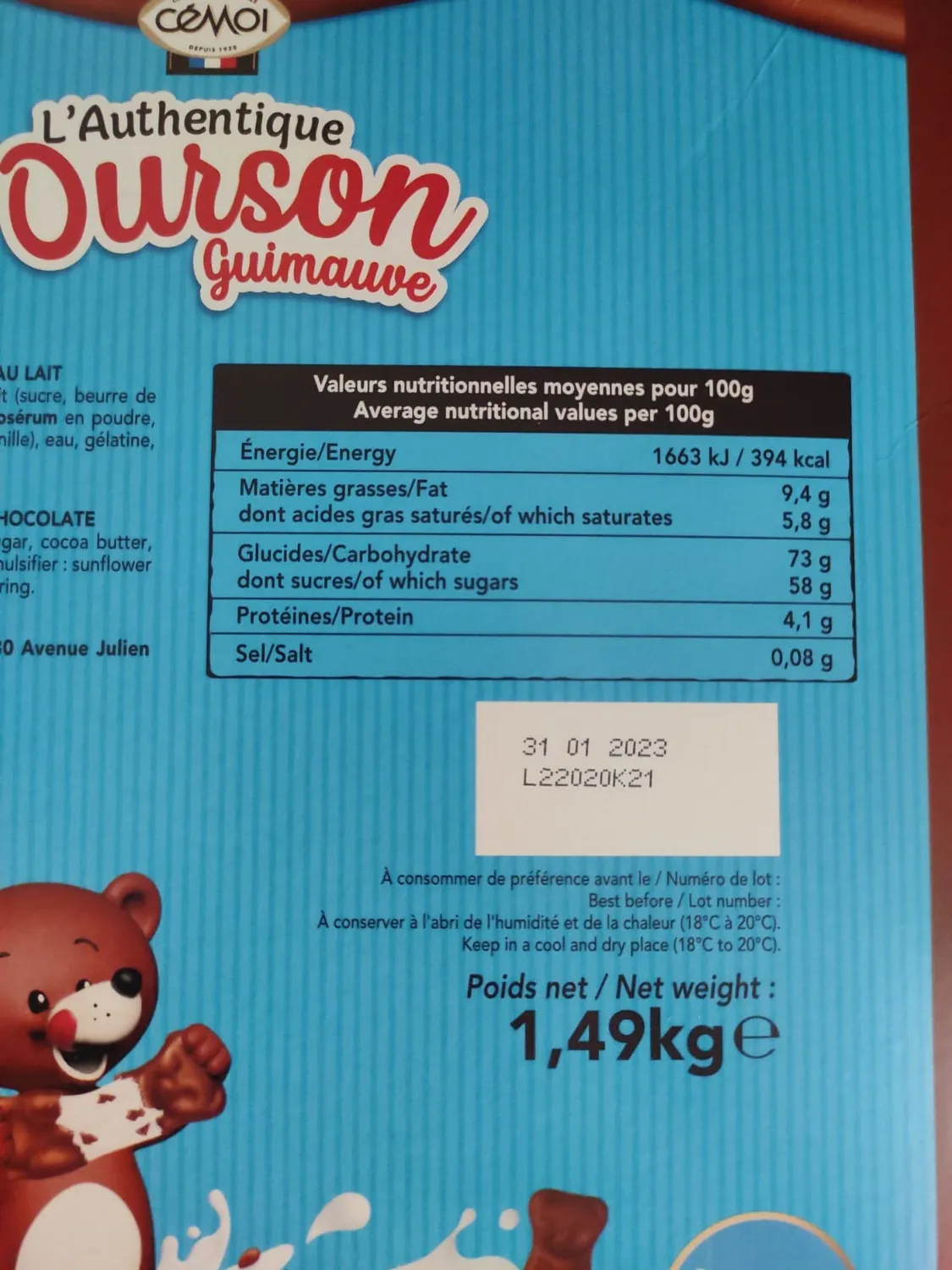 Cémoi Petit Ourson guimauve chocolat au lait 160 pièces 1,49 kg