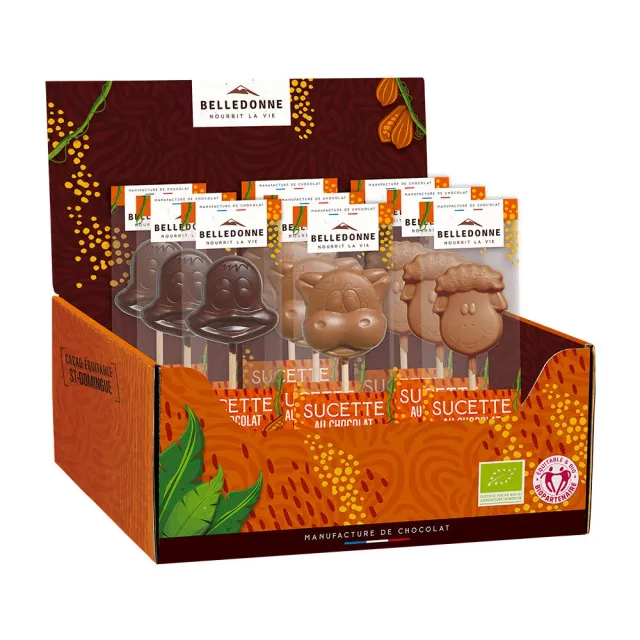 Belledonne Sucettes Animaux Chocolat Bio x50 lait et noir