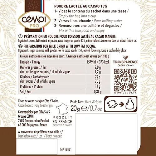 Cémoi Dosette poudre chocolatée lactée 15% cacao 5 kg