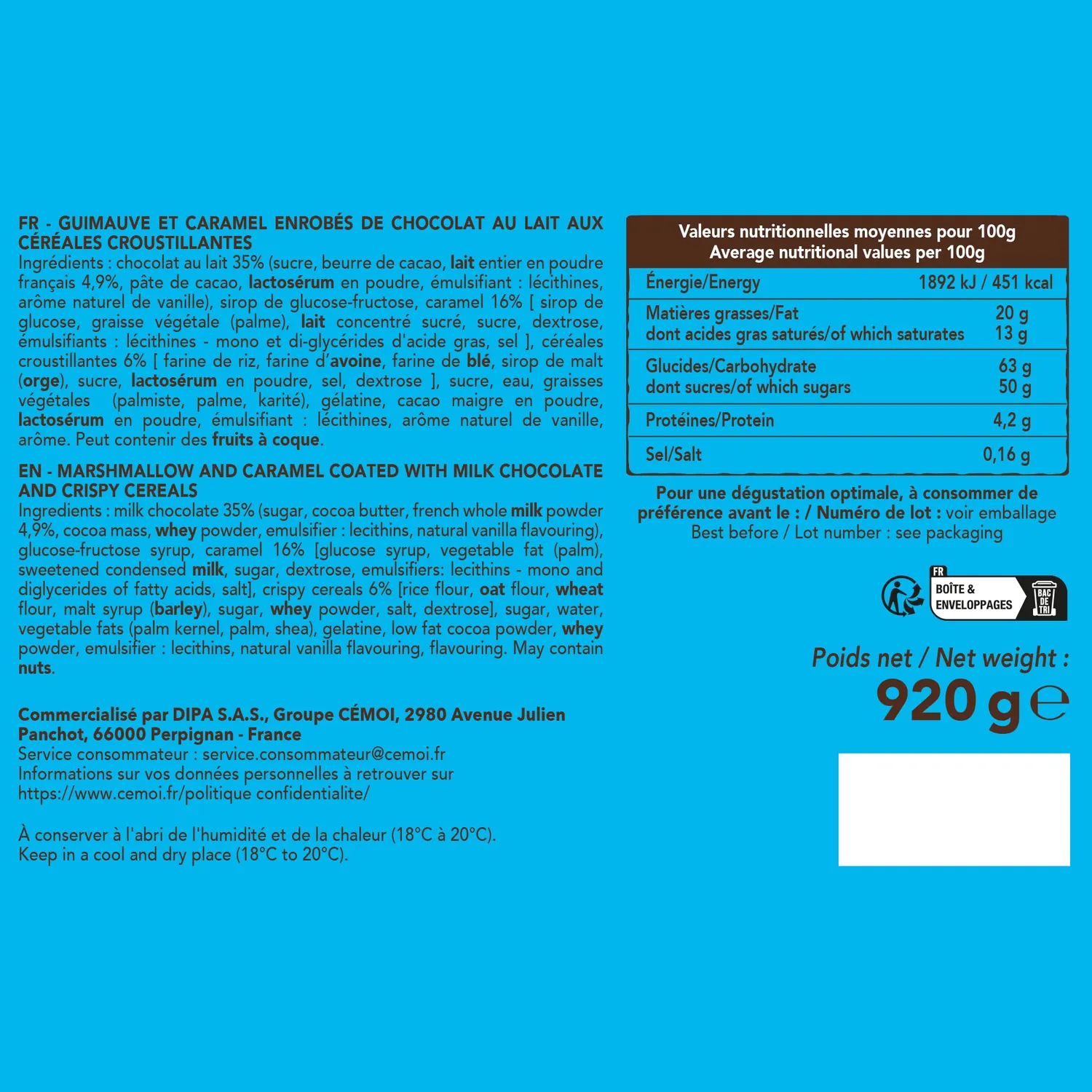 Cémoi Petit Hérisson guimauve lait caramel 80 pièces 920 g croustillant