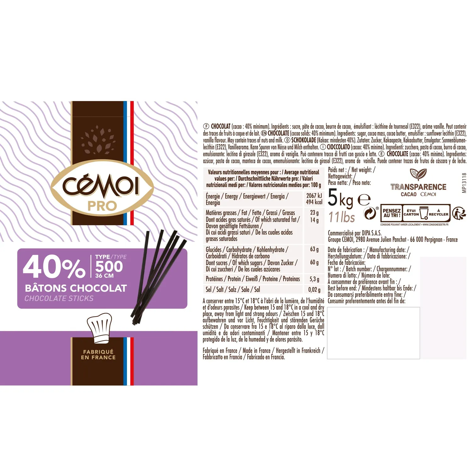 Cémoi Bâtons Boulanger 40% Type 500 chocolat 1,6 kg