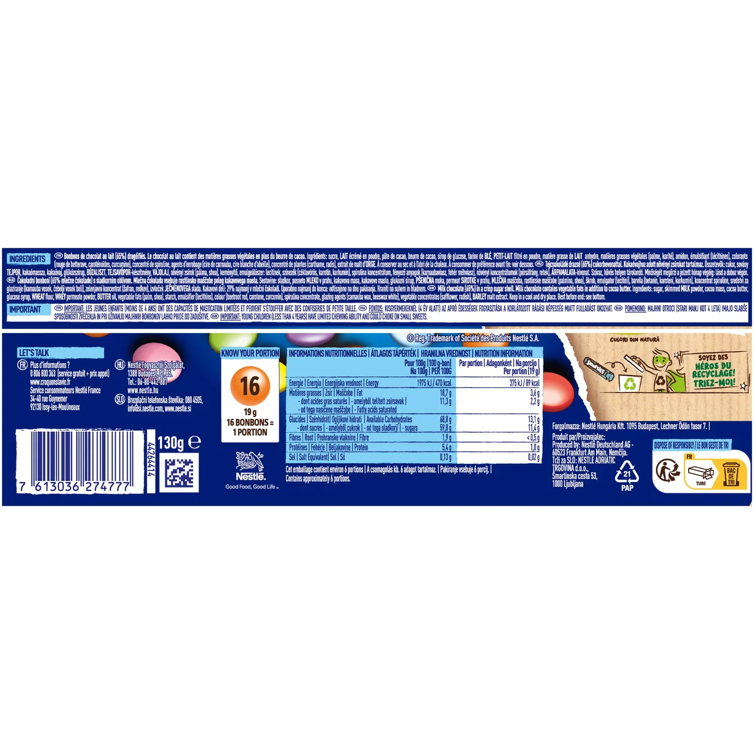 Smarties Tube géant bonbons chocolat au lait 130g huit couleurs