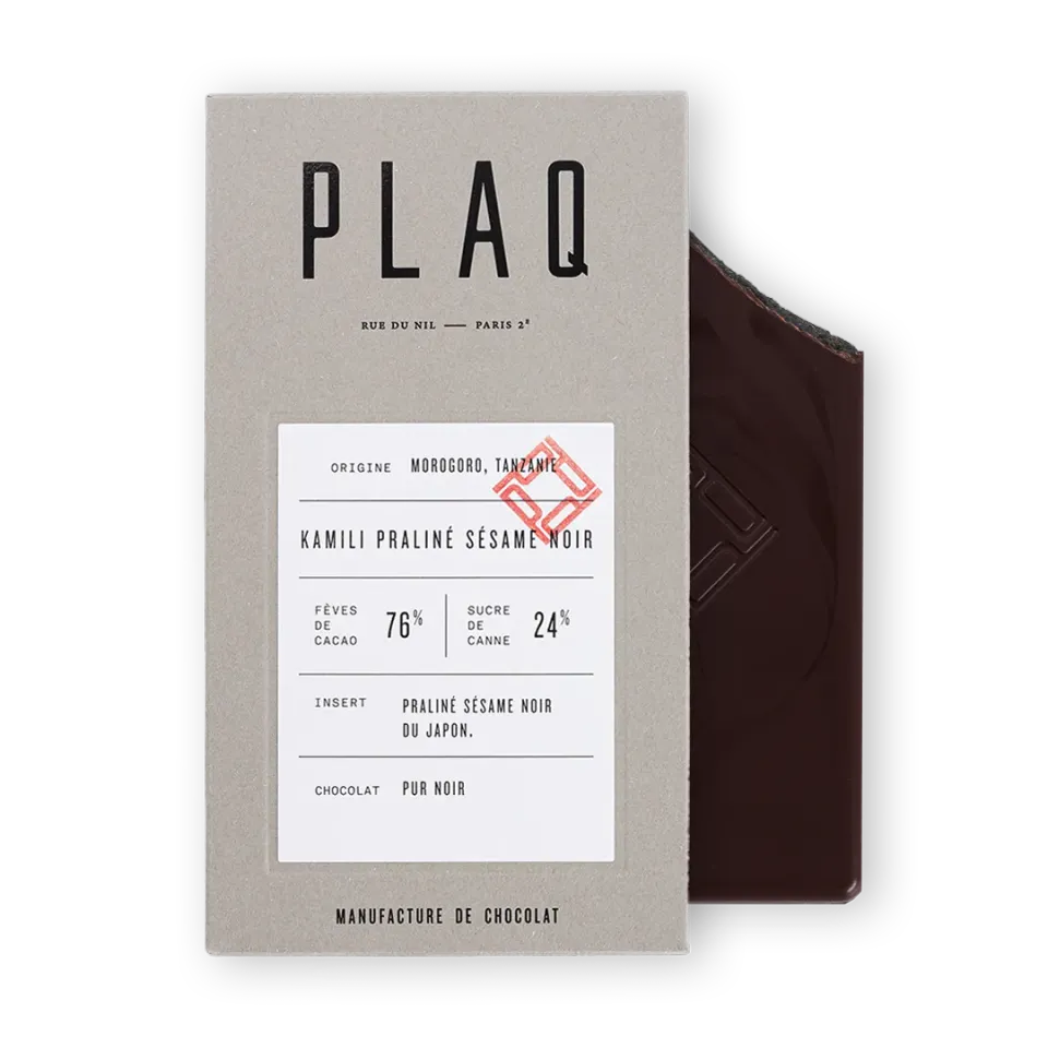 Plaq Kamili Praliné Sésame Noir tablette chocolat noir