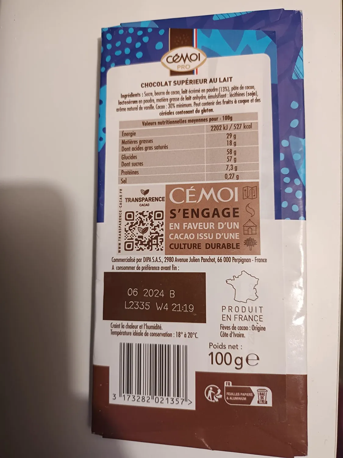 Cémoi Tablette Dégustation Chocolat au Lait 30% tablette 100 g doux