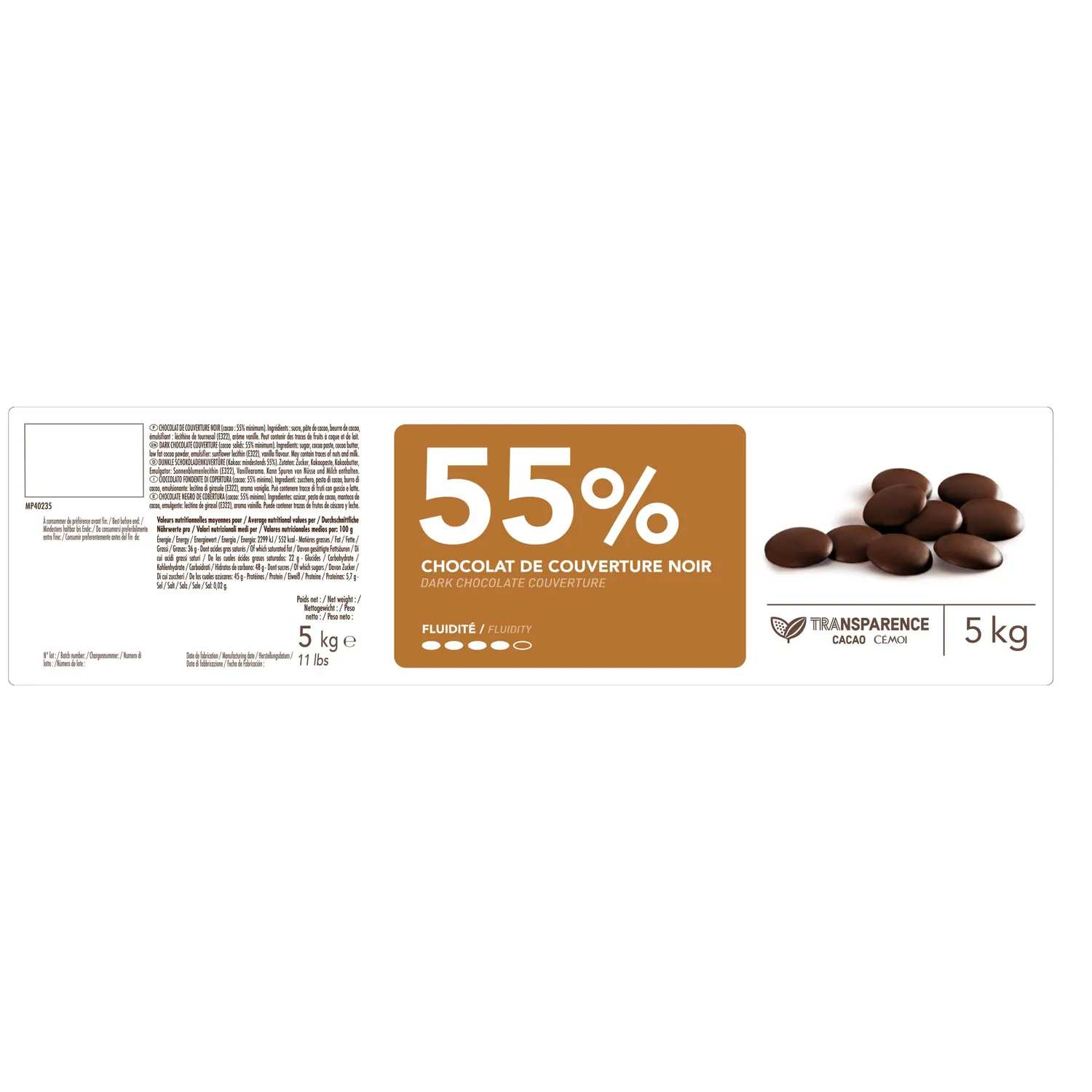 Cémoi Tradition 55% chocolat de couverture noir 5 kg doux