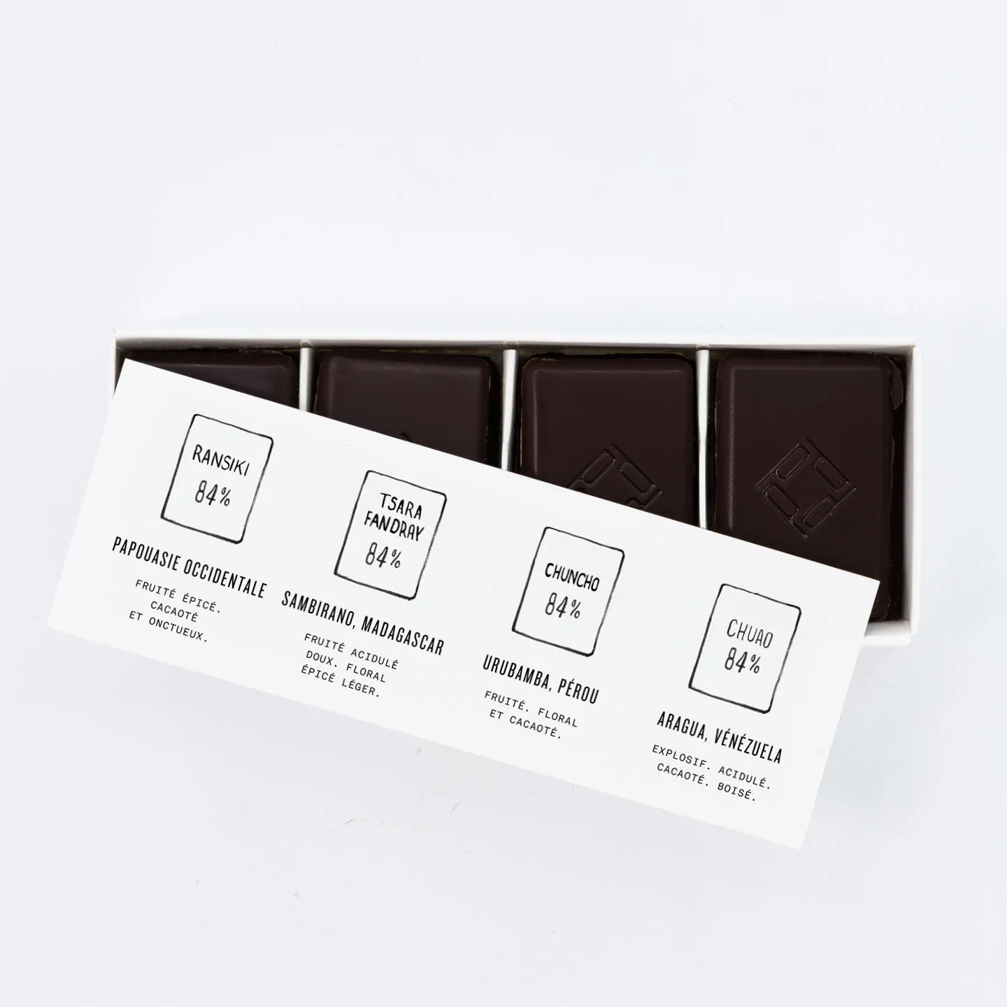 PLAQ Boîte 32 Nano Plaq chocolat très noir 84% 4 origines