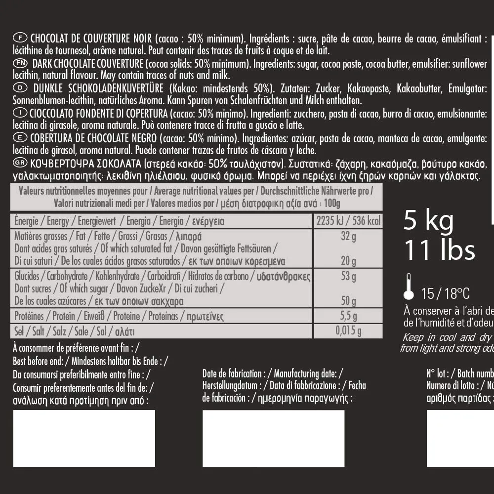 Cémoi Succession 50% chocolat couverture noir palets 5 kg
