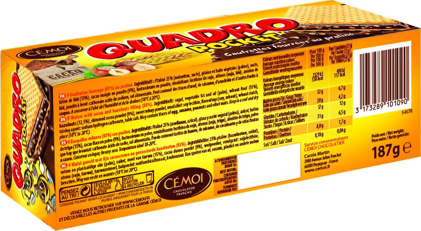 Cémoi Quadro Pocket Gaufrettes Praliné Cacao 187 g