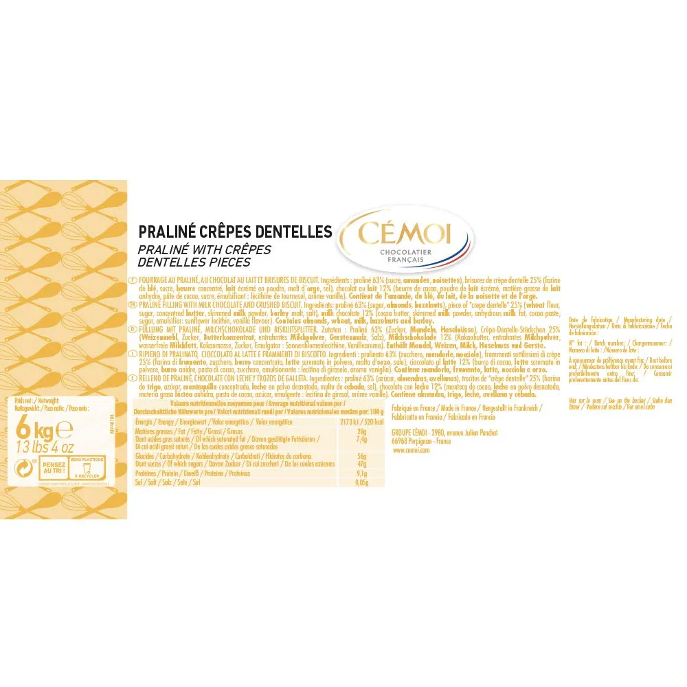 Cémoi Fourrage praliné crêpes dentelles 6 kg croustillant