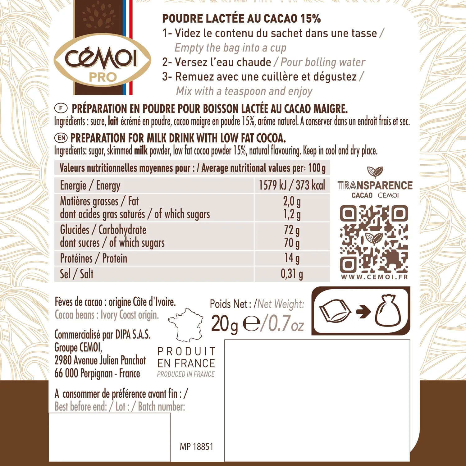 Cémoi Dosette poudre chocolatée lactée 15% cacao 5 kg