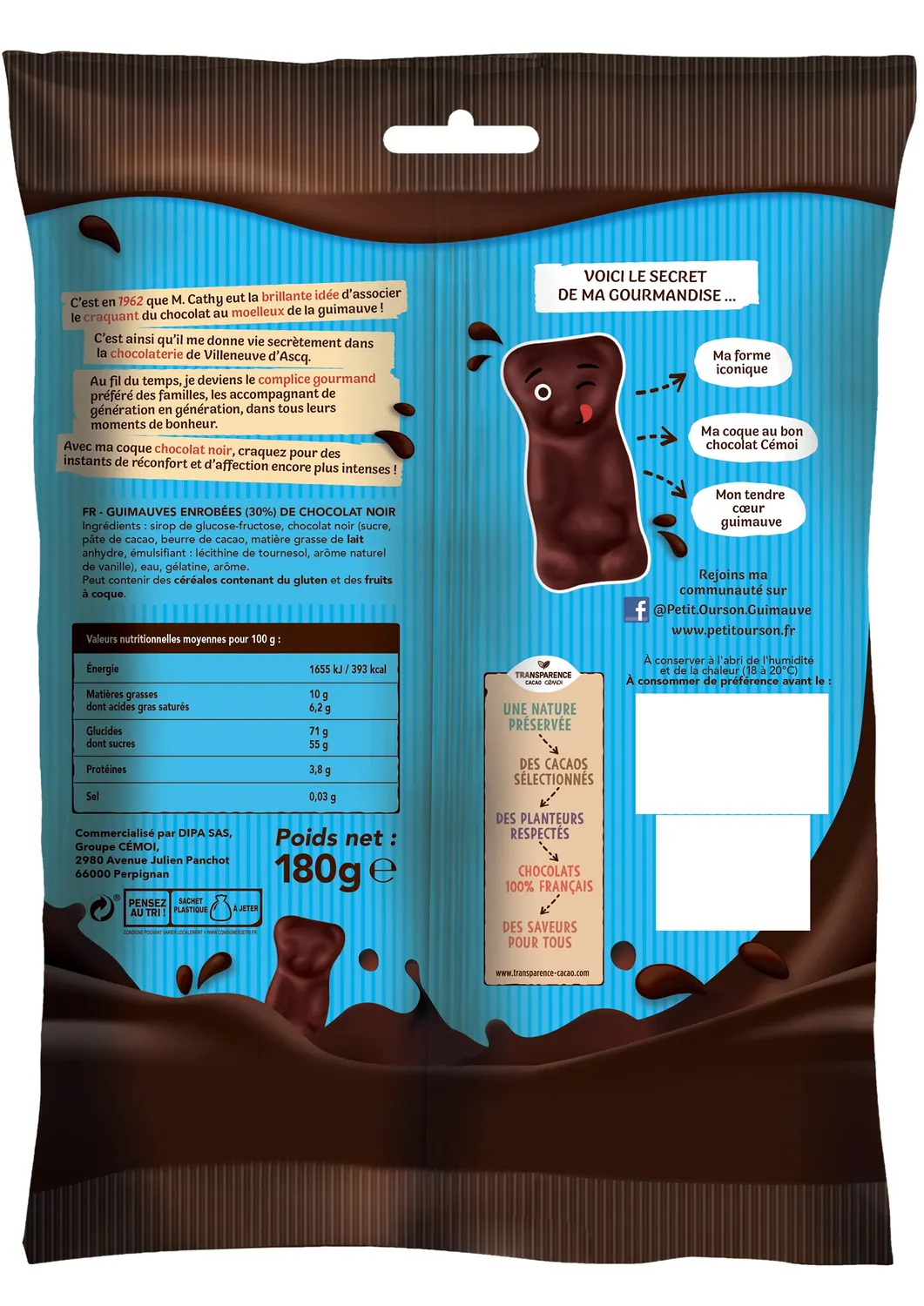 Cémoi Petit Ourson guimauve chocolat noir 180g moelleux