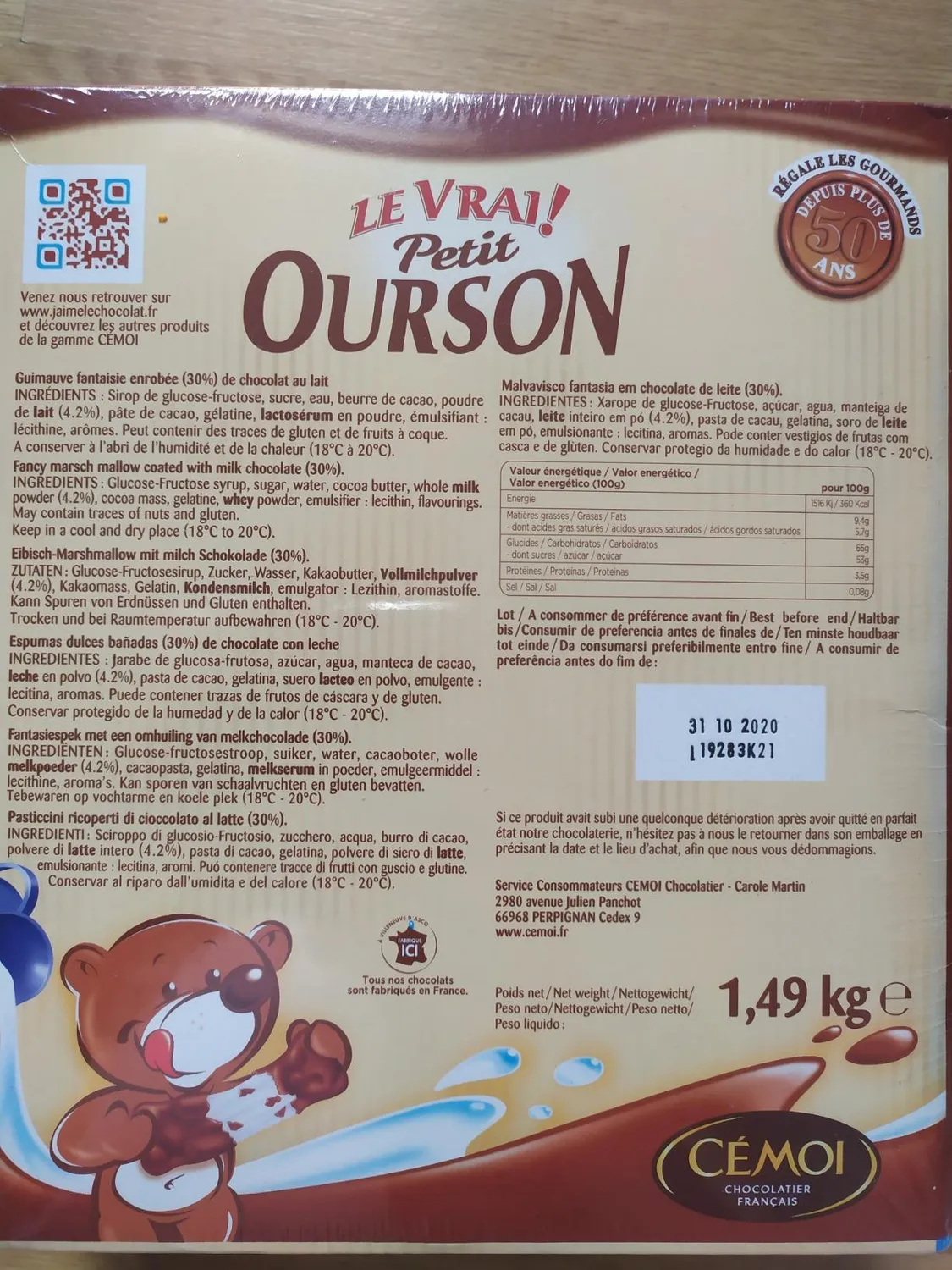 Cémoi Petit Ourson guimauve chocolat au lait 160 pièces 1,49 kg