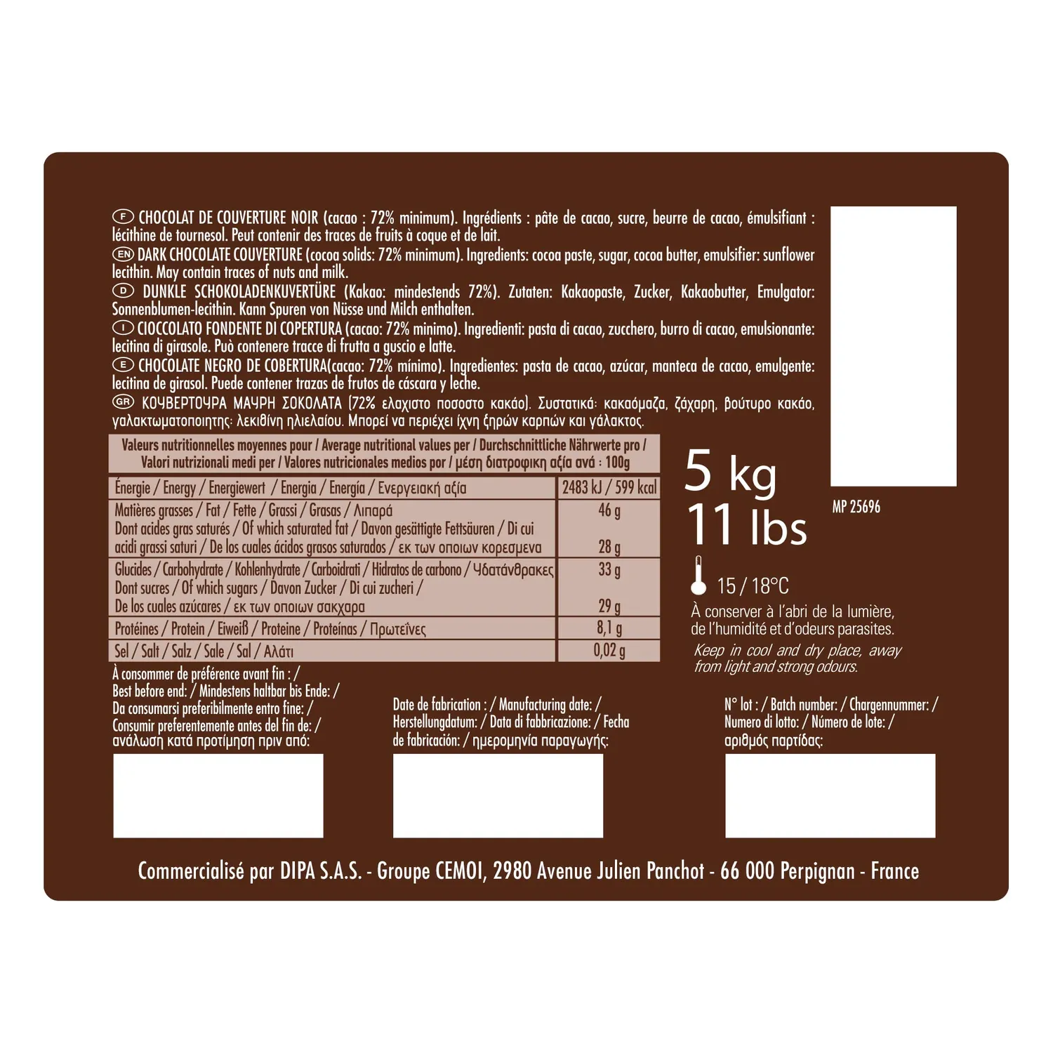 Cémoi Succession 72% chocolat de couverture noir 5 kg intense