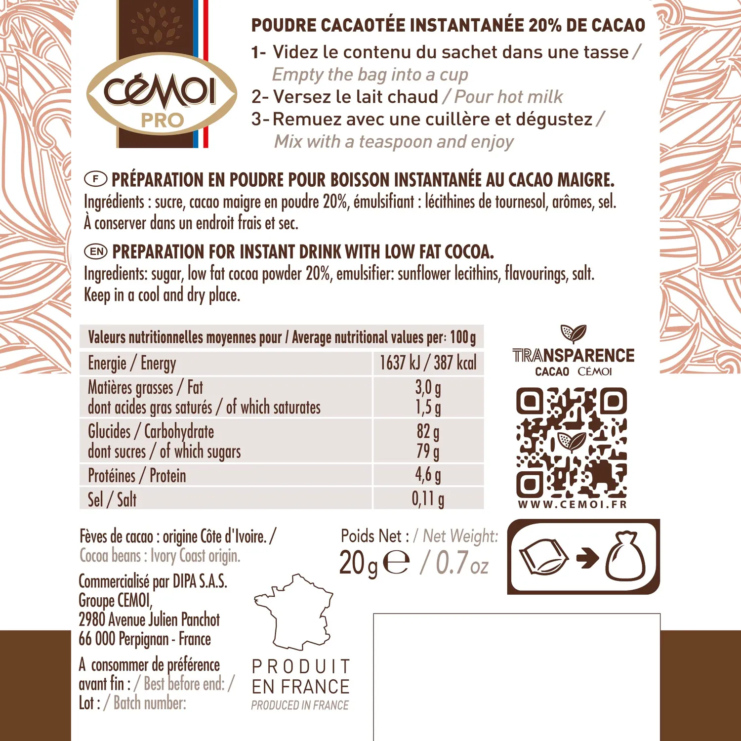 Cémoi Dosette poudre cacaotée 4 kg 20% cacao