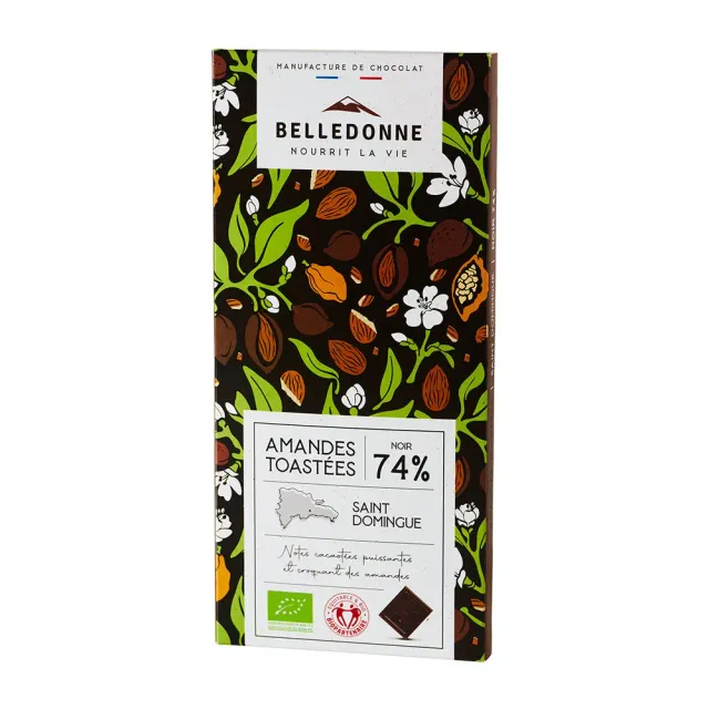 Belledonne Noir 74% Amandes tablette chocolat bio 100 g