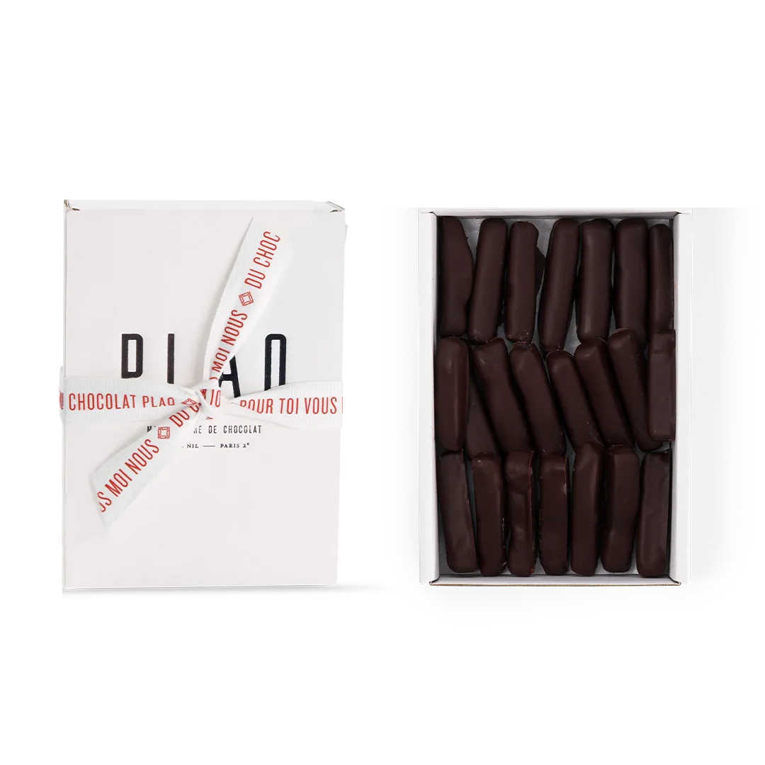 Plaq Gingembres Confits enrobés chocolat très noir 84% boîte