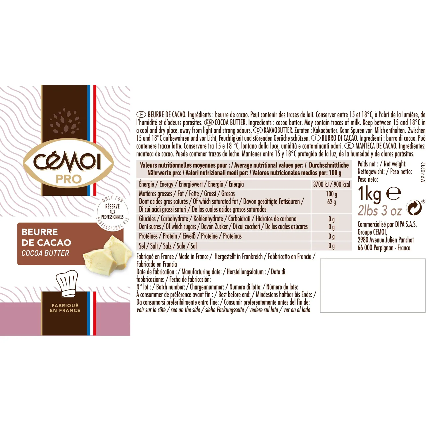 Cémoi Beurre de Cacao 1 kg pur professionnel