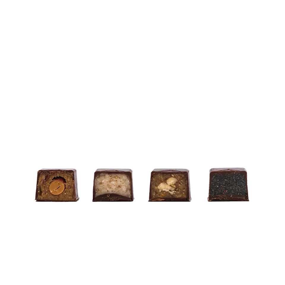 PLAQ Bonbons enrobés pur noir mix 4 pralinés x16