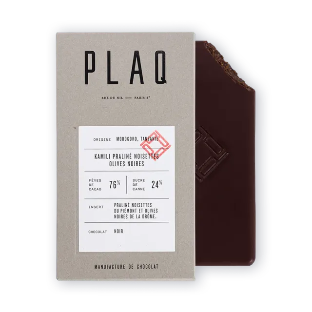 Plaq Kamili praliné noisettes olives noires tablette salée