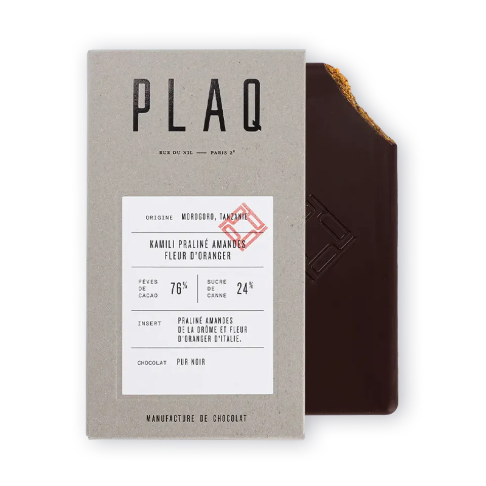 PLAQ Kamili Praliné Amandes Fleur d'Oranger tablette peu sucrée