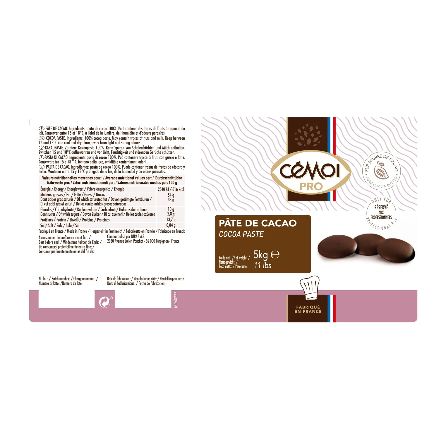 Cémoi Palets pâte de cacao pure chocolat blanc 5 kg