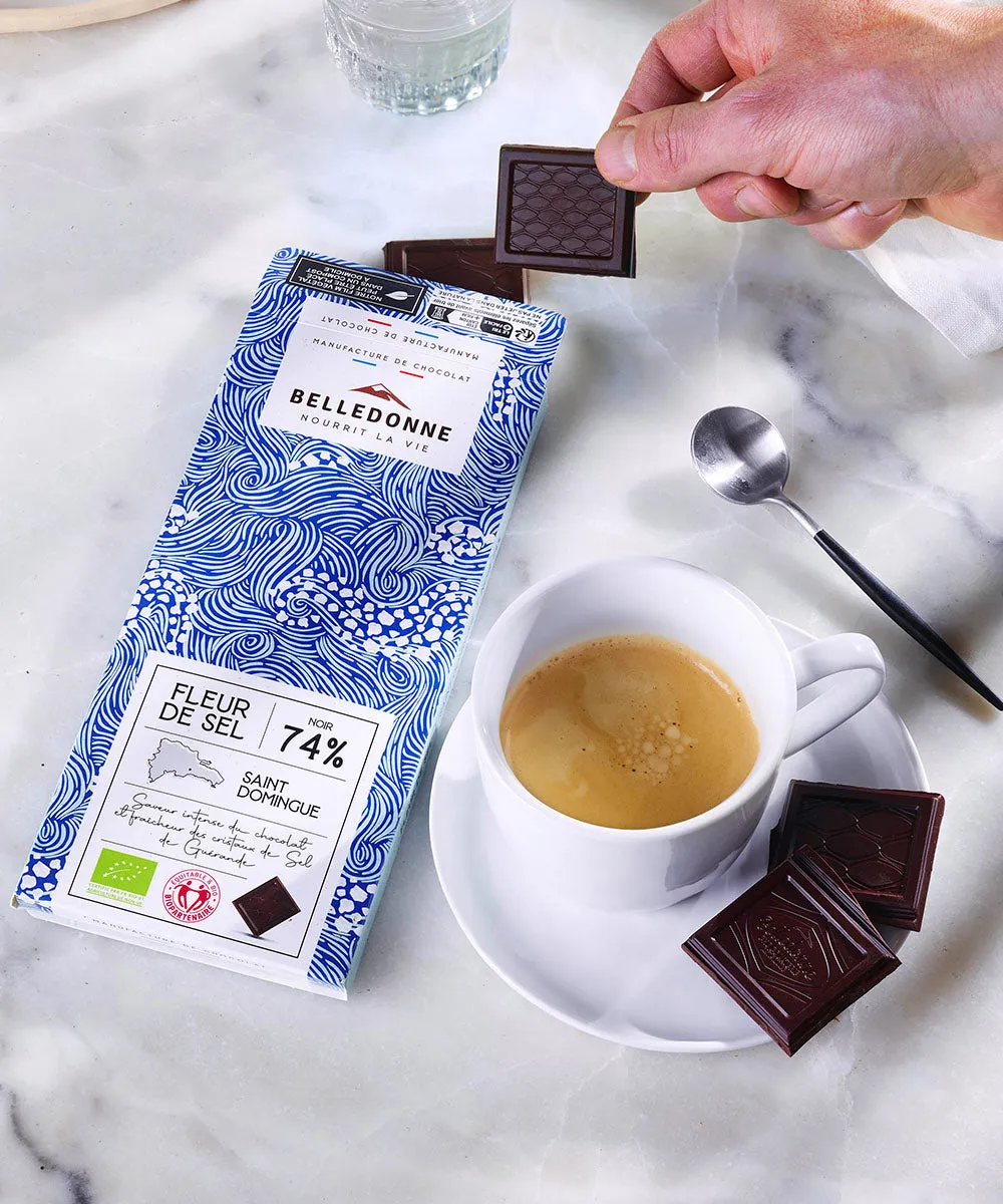 Belledonne Tablette Noir 74% Fleur de Sel Bio 100 g dégustation
