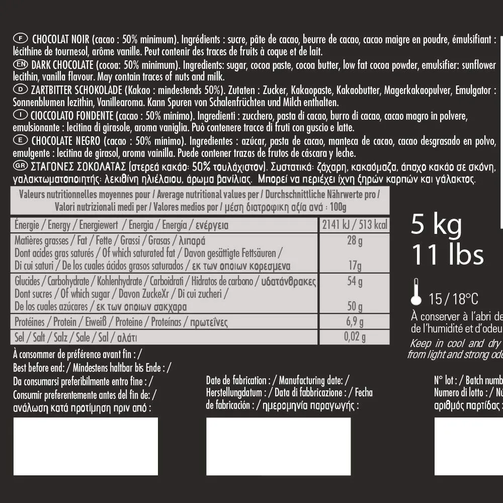 Cémoi Succession 50% chocolat couverture noir gouttes 5 kg