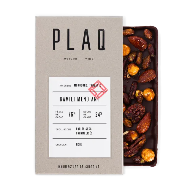 Plaq Kamili mendiant tablette chocolat noir fruits secs