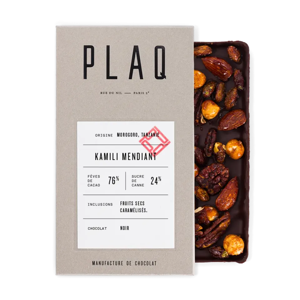 Plaq Kamili mendiant tablette chocolat noir fruits secs