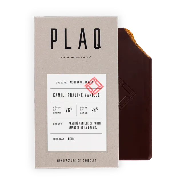 PLAQ Kamili Praliné Vanille Amandes tablette noir 76%