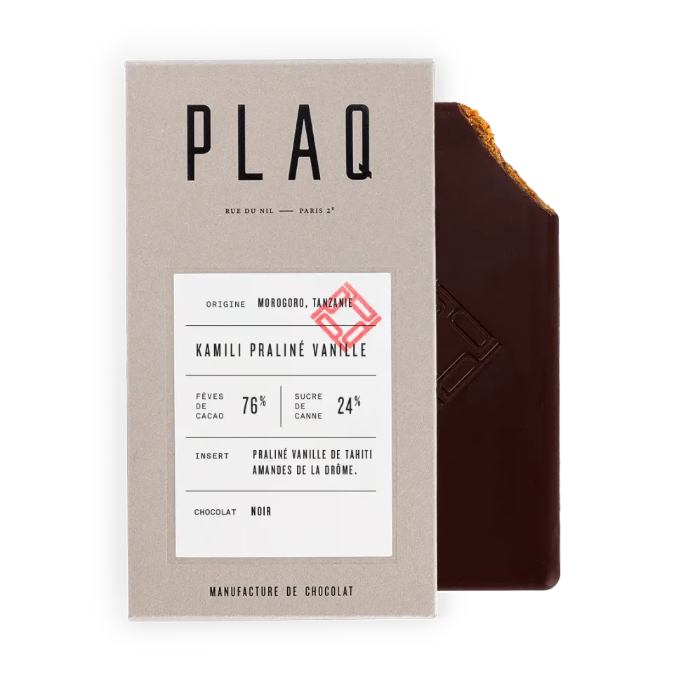 PLAQ Kamili Praliné Vanille Amandes tablette noir 76%