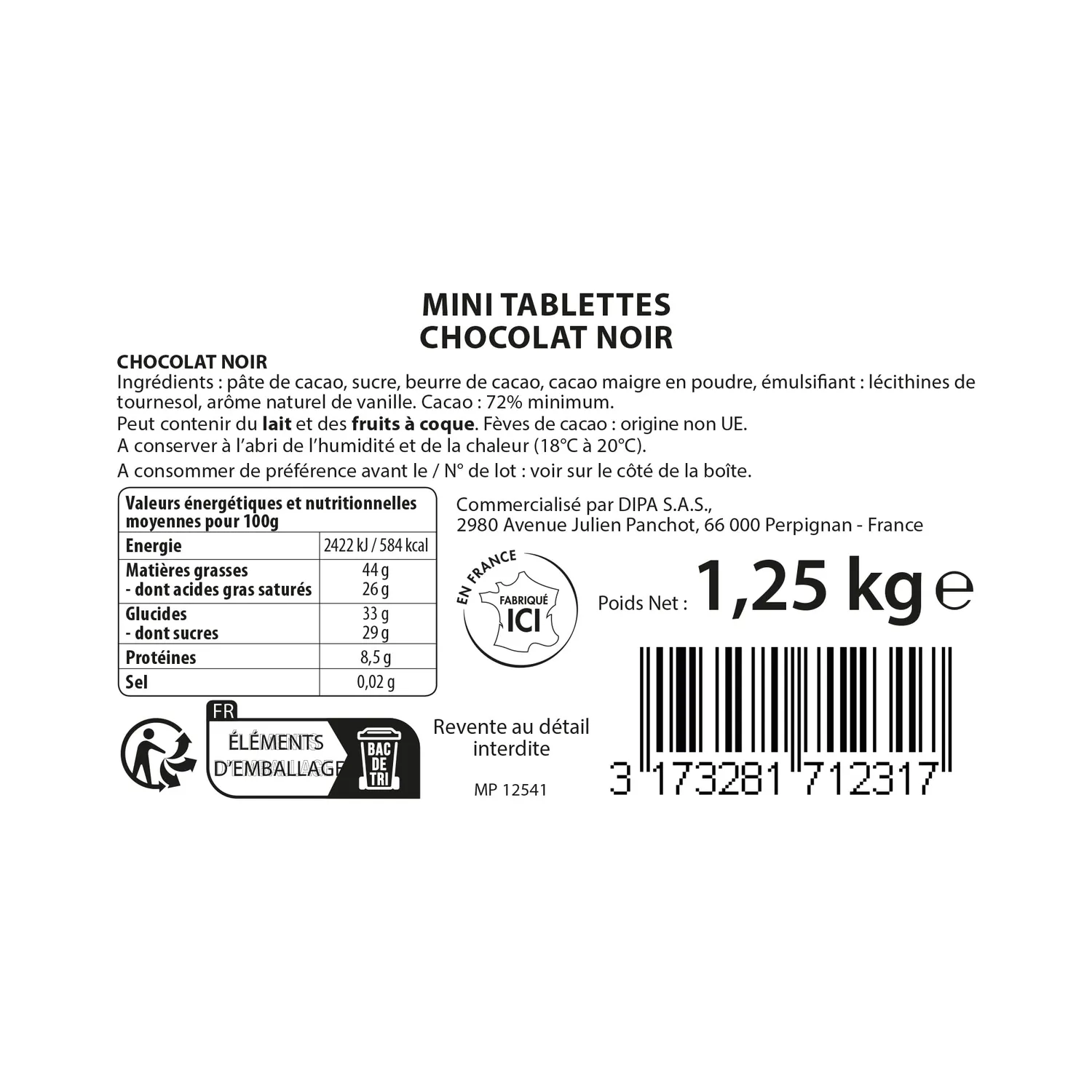 Cémoi Désir Noir napolitains 72% tubo 1,2 kg fruité
