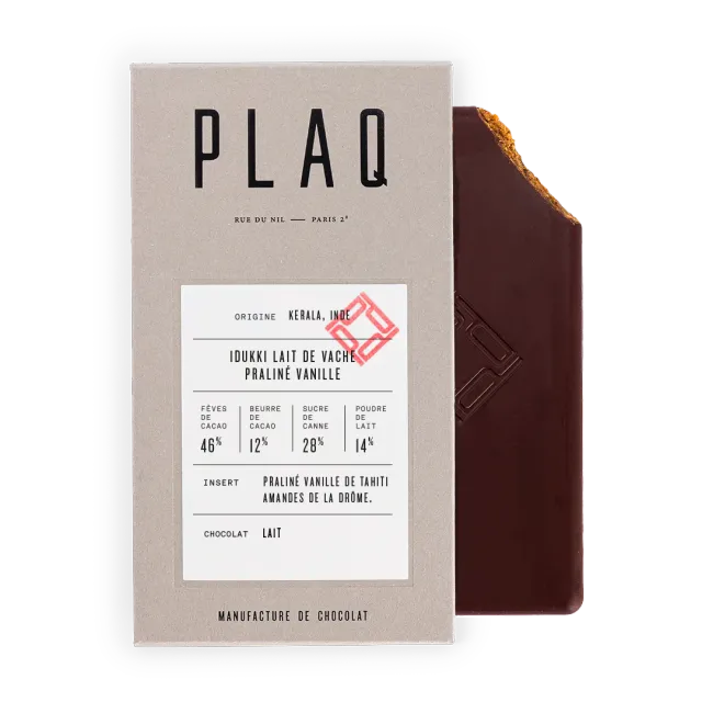PLAQ Idukki Praliné Vanille Amandes tablette lait 58%