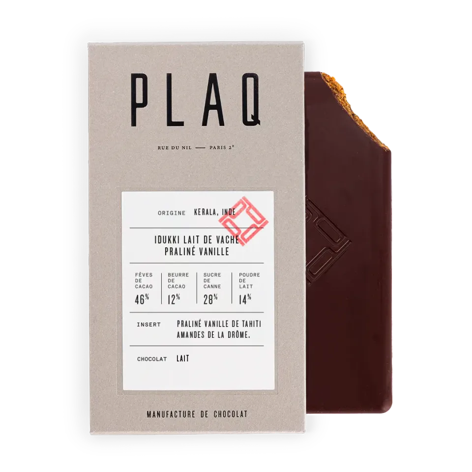 PLAQ Idukki Praliné Vanille Amandes tablette lait 58%