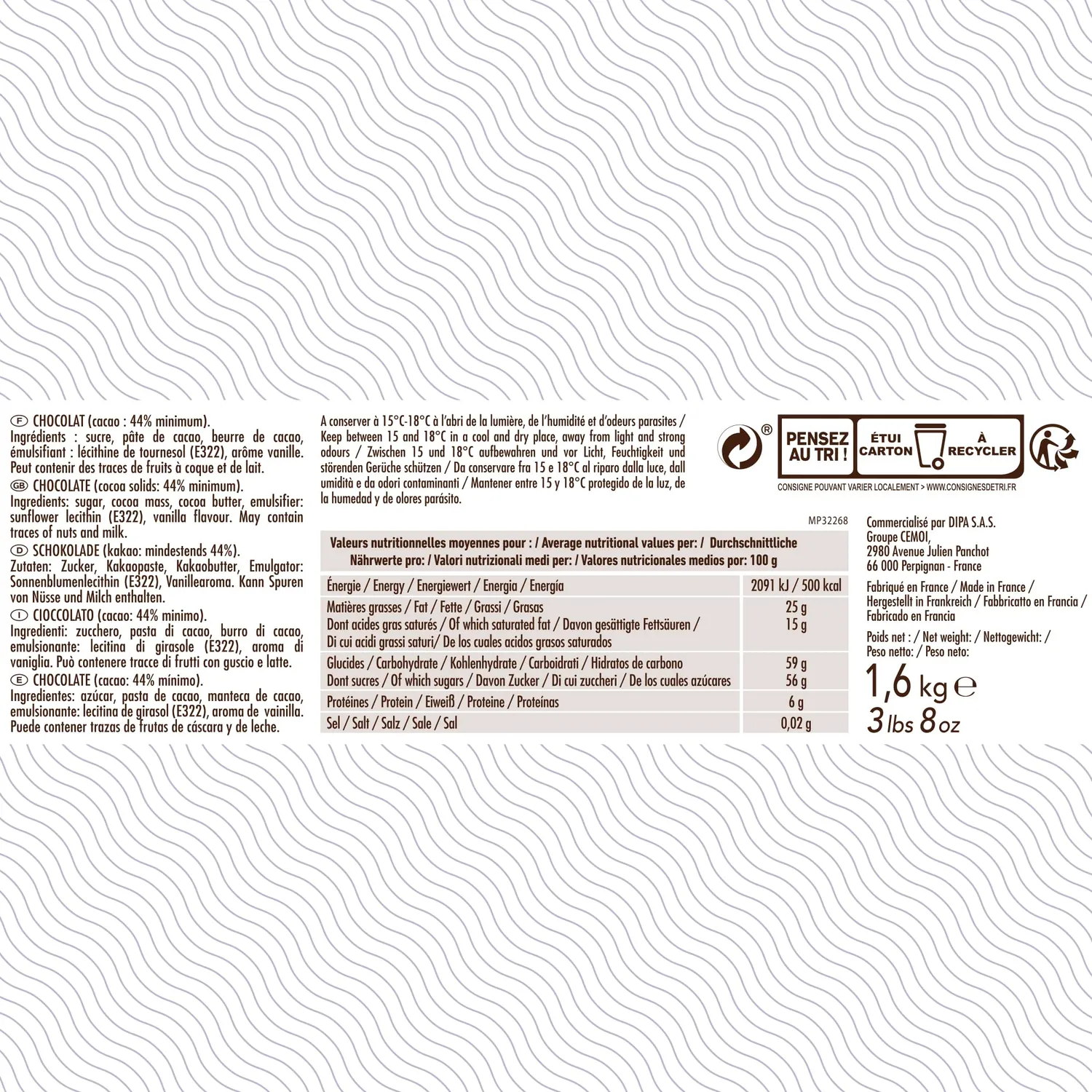Cémoi Bâtons courts 44% cacao chocolat couverture 1,6 kg 300 pièces
