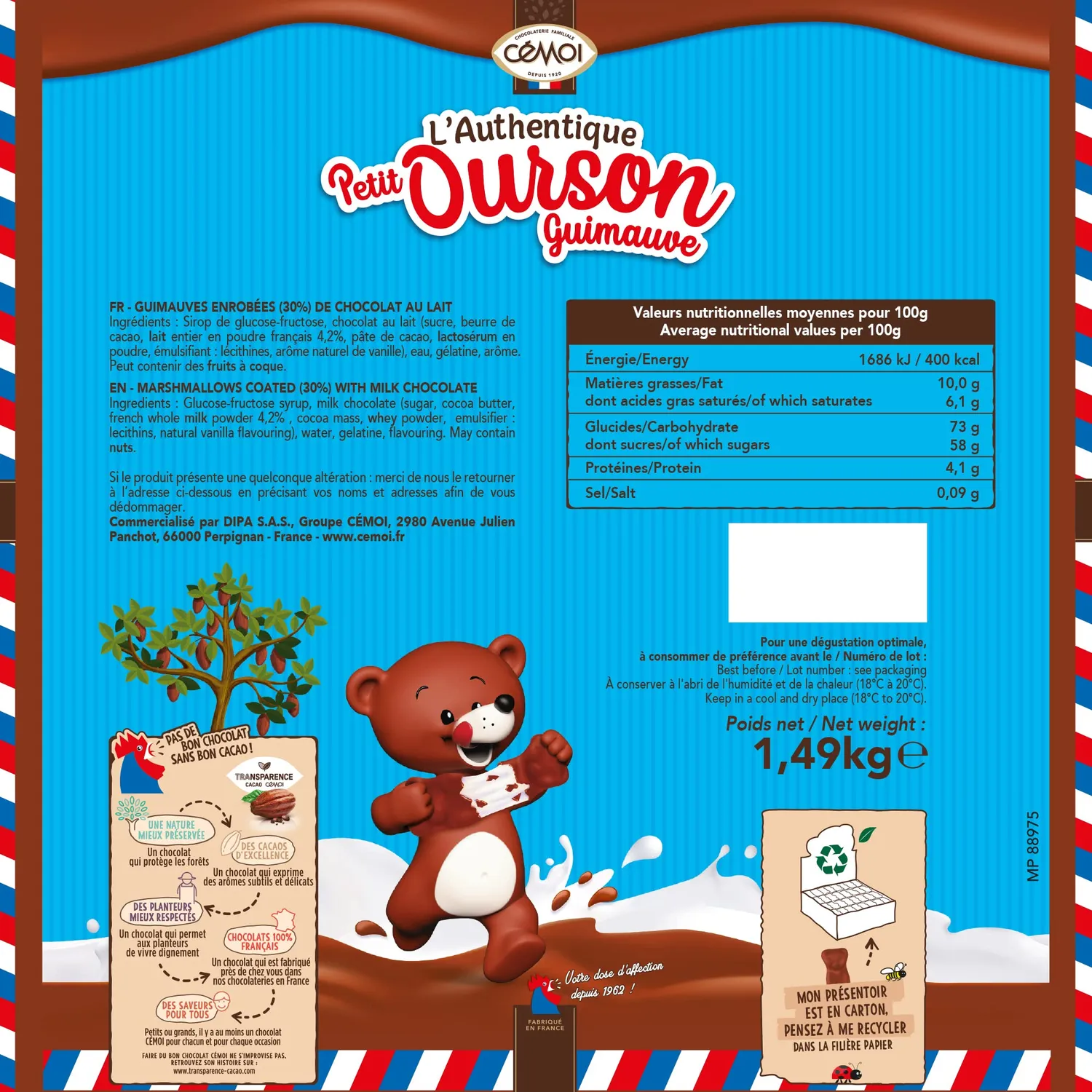 Cémoi Petit Ourson guimauve chocolat au lait 160 pièces 1,49 kg