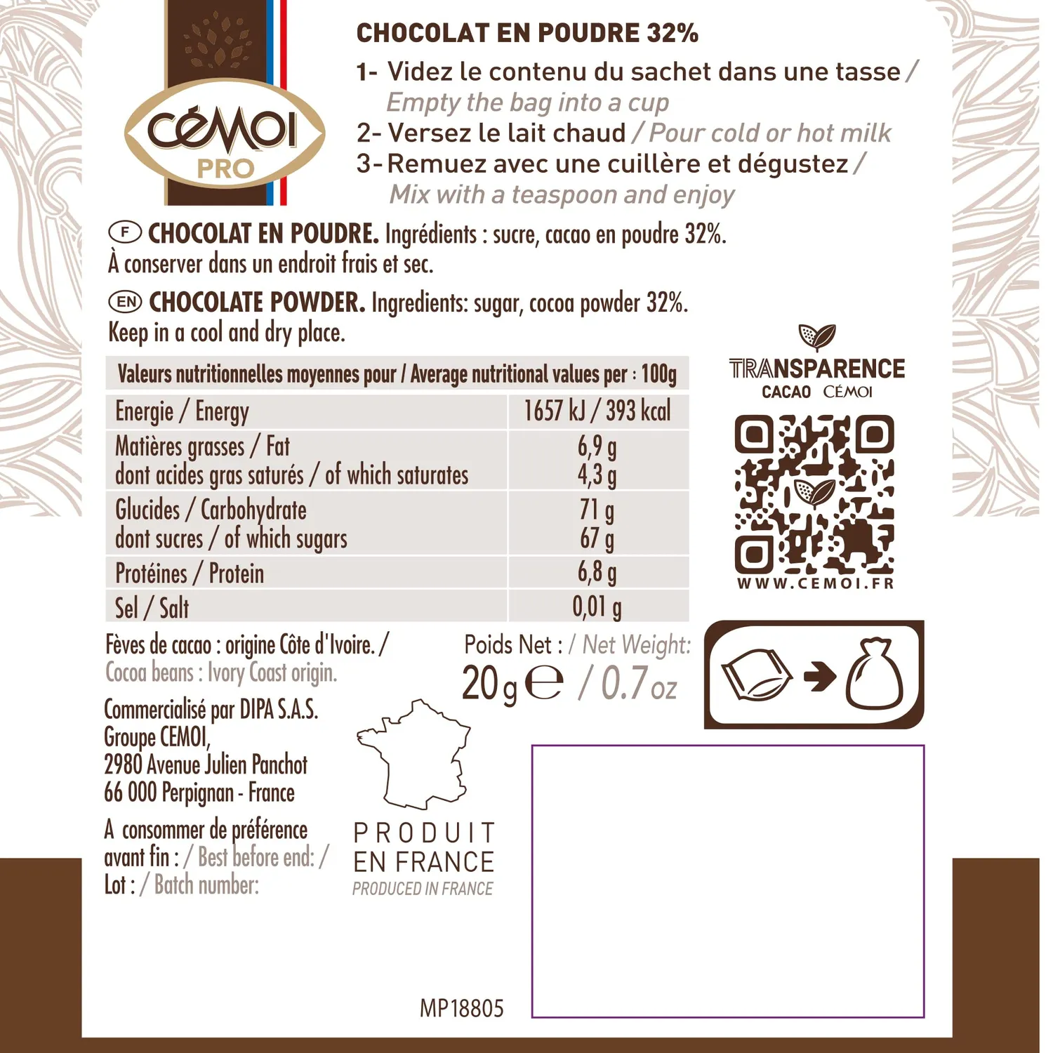 Cémoi Chocolat en Poudre 32% Cacao 5 kg Dosette